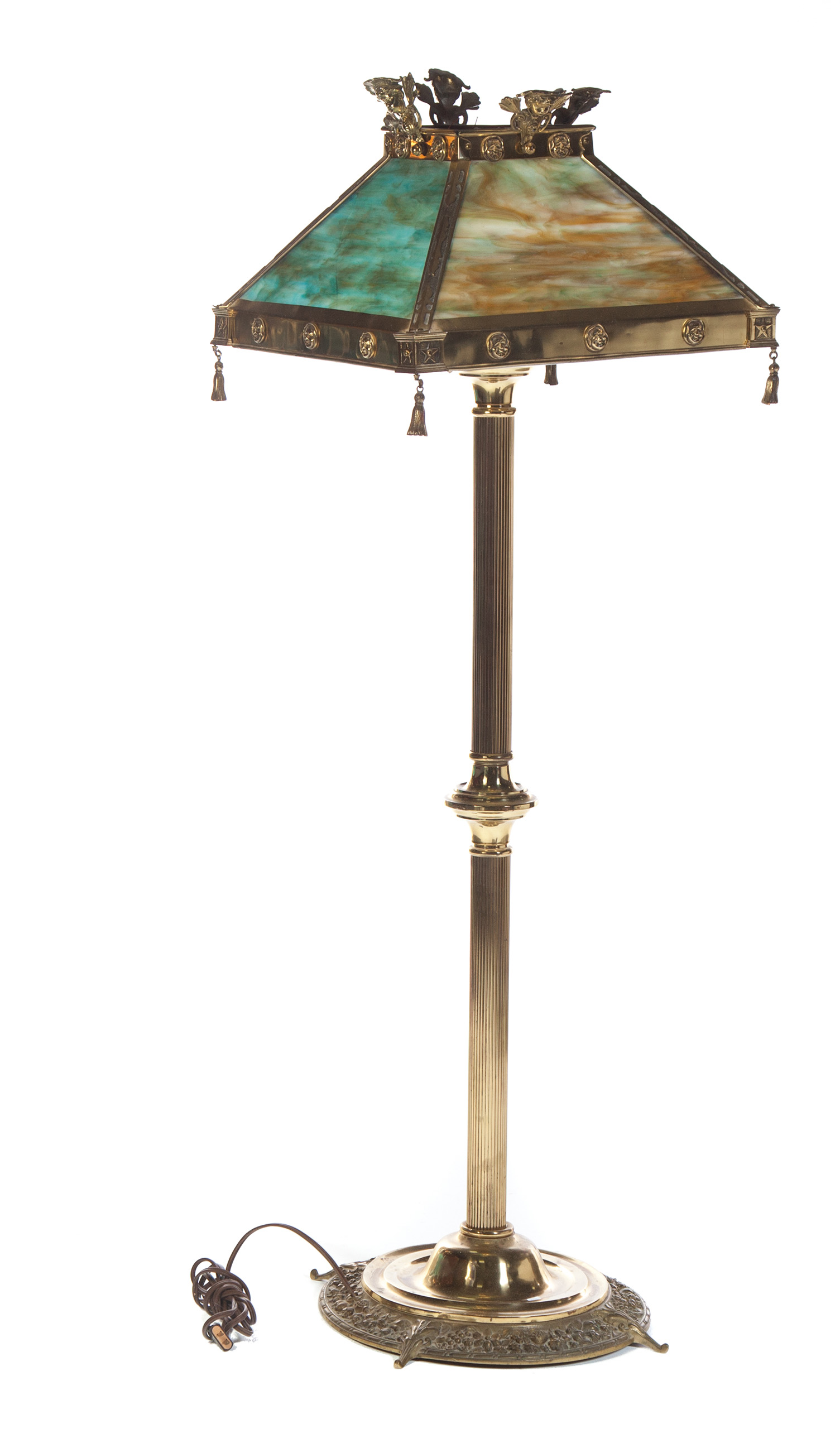 Appraisal: BRASS FLOOR LAMP WITH SLAG GLASS PANELS American st half-