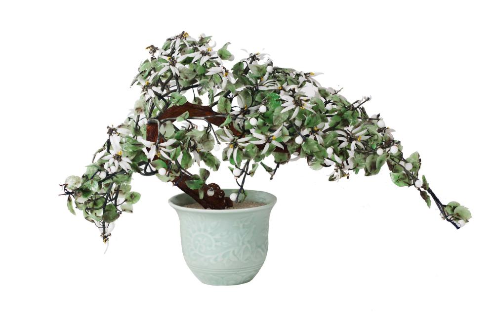 Appraisal: CHINESE POTTED MINERAL TREEWith jade leaves and white petals and