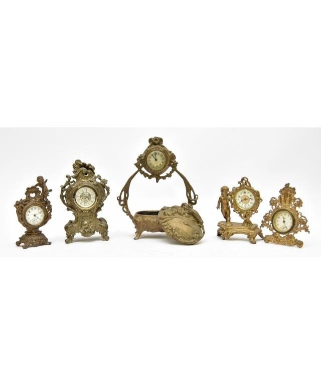 Appraisal: Five patinated gilt white metal table clocks by Ansonia etc