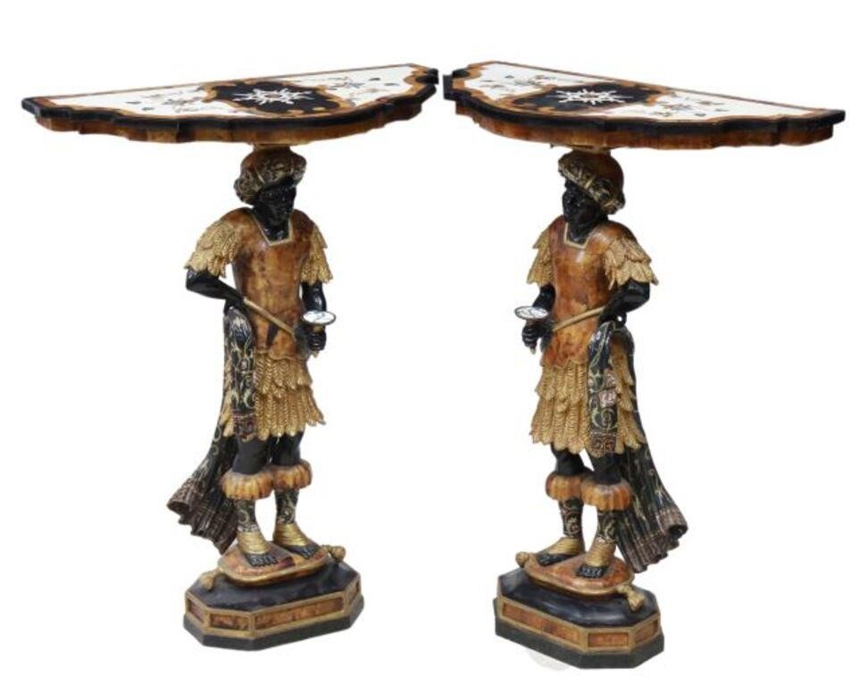 Appraisal: pair Venetian style Pietra Dura parcel gilt console tables shaped