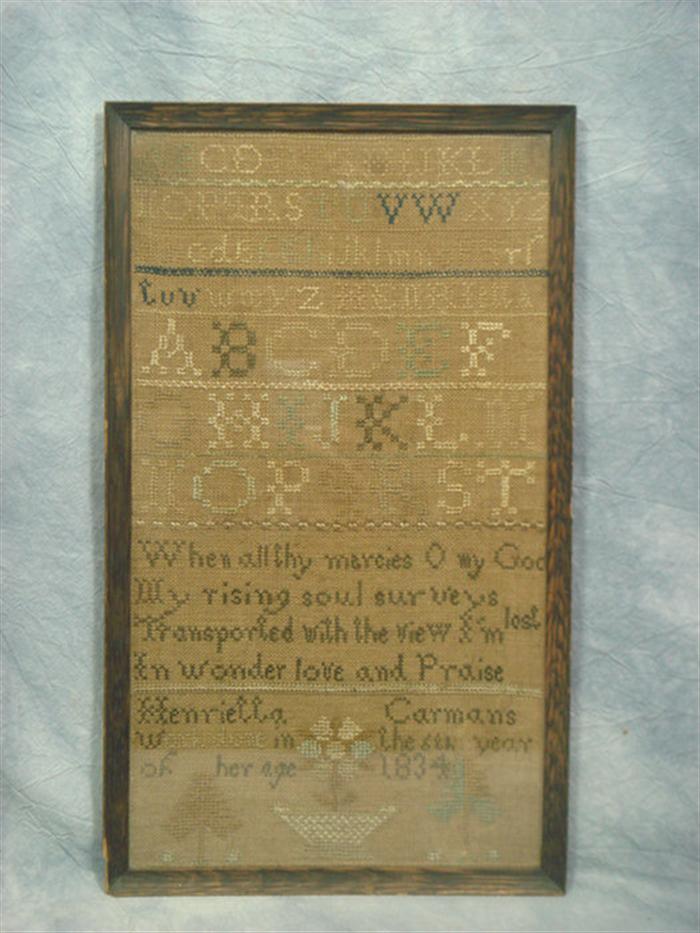 Appraisal: needlework sampler Henrietta Carmans Burlington Co NJ provenance x Estimate