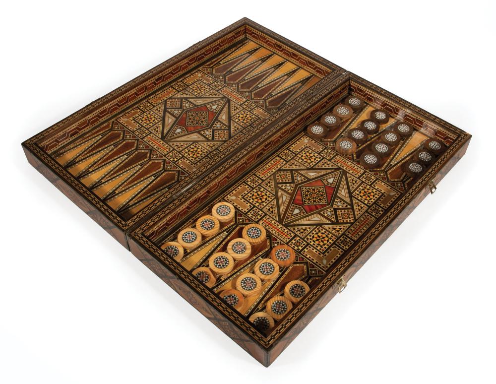 Appraisal: Continental Inlaid Backgammon Set elaborately inlaid with mixed woods and