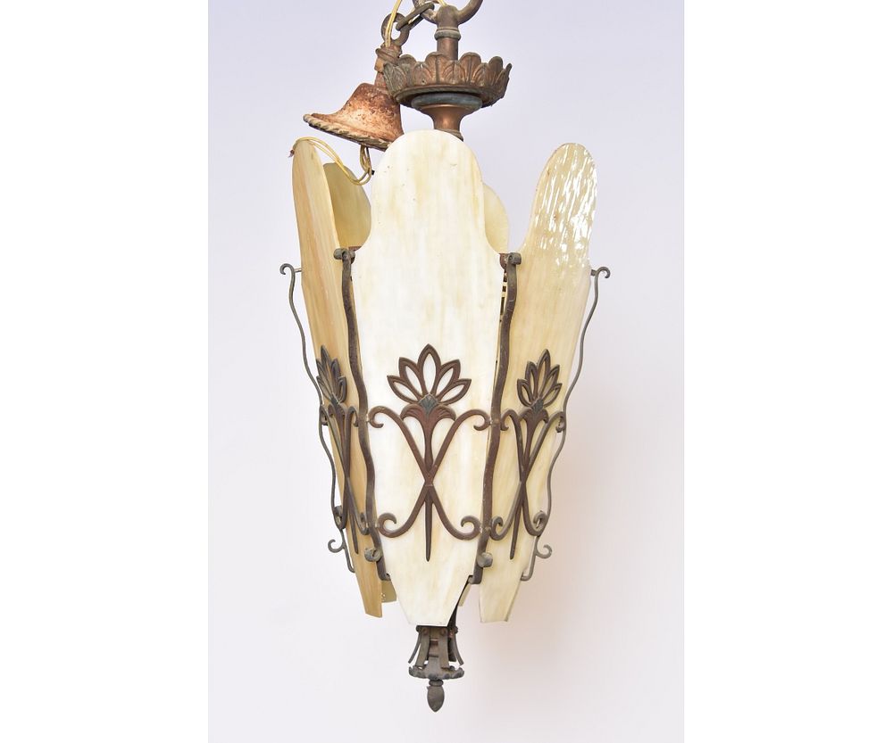 Appraisal: Continental Art Deco Chandelier Continental Art Deco center brass two-light