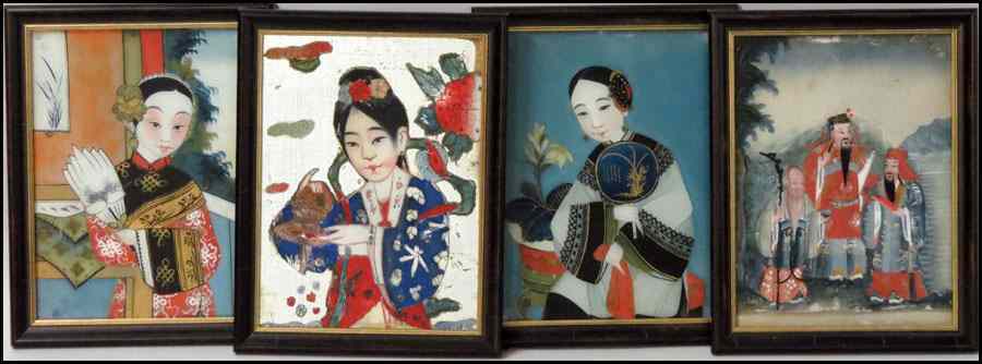 Appraisal: FOUR CHINESE REVERSE PAINTINGS ON GLASS sight '' x ''