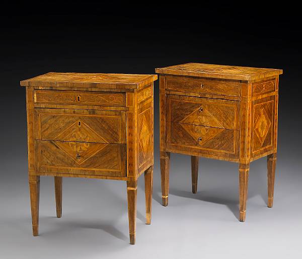 Appraisal: A pair of Italian Neoclassical marquetry and walnut commodini Each