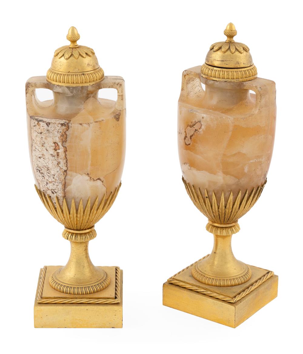 Appraisal: PAIR OF GILT-BRONZE MANTEL URNS SECOND HALF OF THE TH