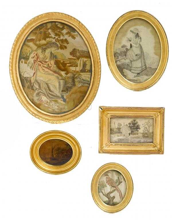 Appraisal: FOUR REGENCY SILK PICTURES two of 'hairwork' or en grisaille