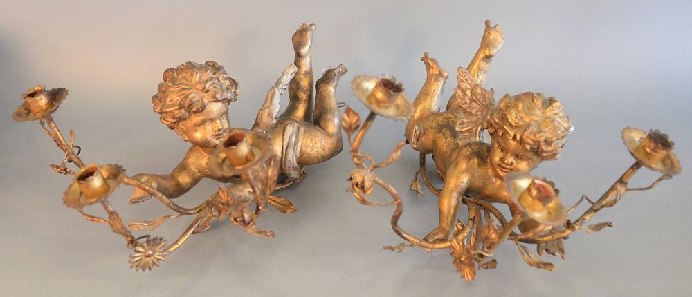 Appraisal: Pair of Gilt Carved Wood and Gesso Putti Wall Sconces