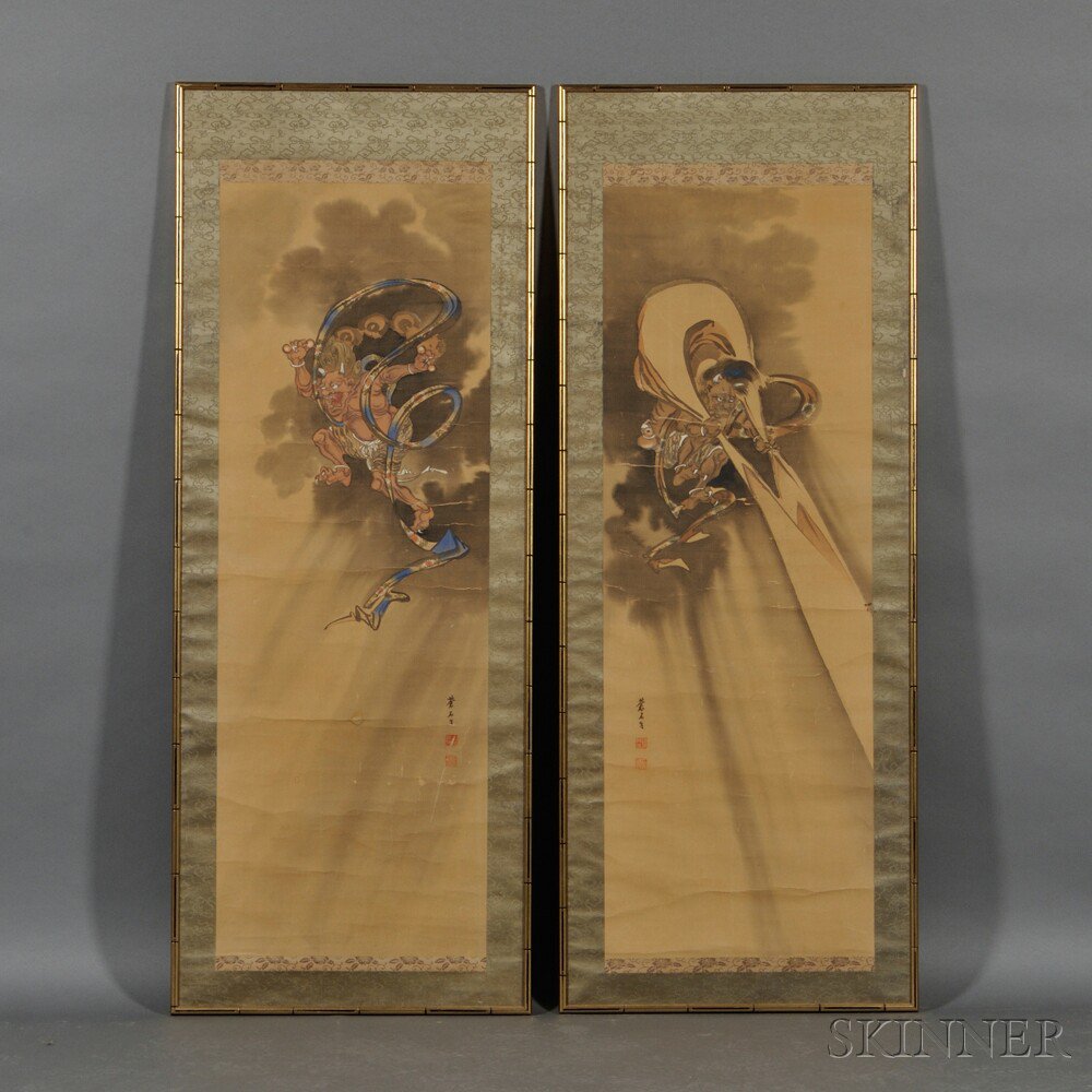 Appraisal: Pair of Paintings Depicting Guardian Deities Japan each with a