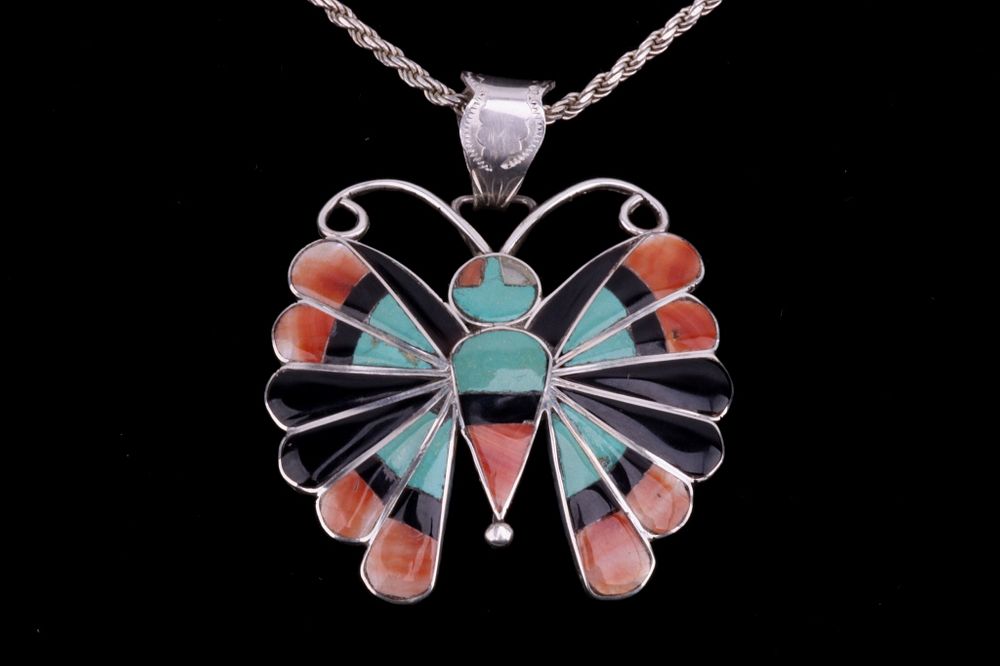 Appraisal: Navajo Silver Multistone Inlaid Butterfly Necklace For your consideration is