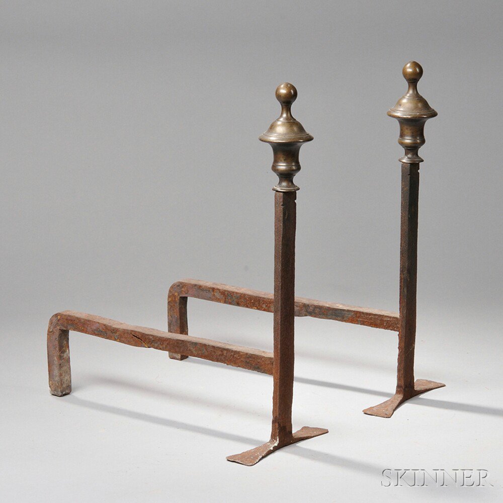 Appraisal: Pair of Brass and Wrought Iron Urn-top Andirons America late