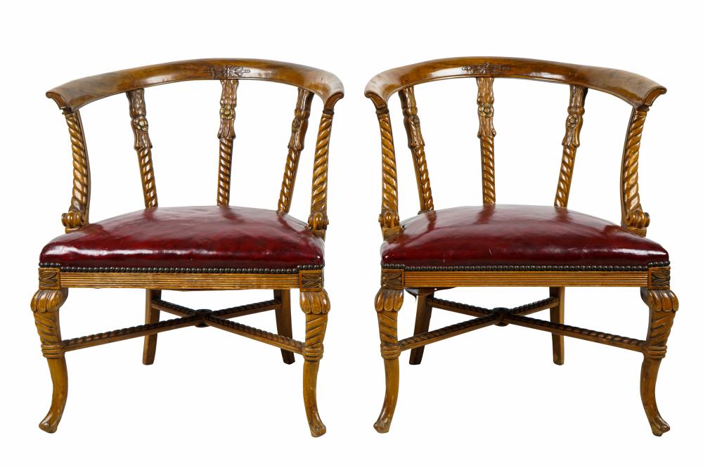 Appraisal: PAIR OF CONTINENTAL CARVED WOOD CHAIRSlate th Century with burgundy