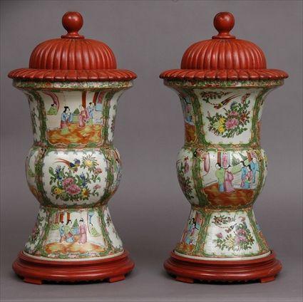 Appraisal: PAIR OF CANTON ROSE MEDALLION LARGE BEAKERS MOUNTED AS LAMPS