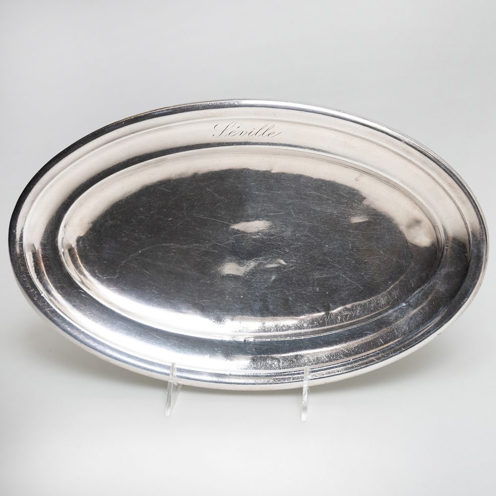 Appraisal: French Silver Plate Tray Engraved 'Seville' in wide Condition Wear