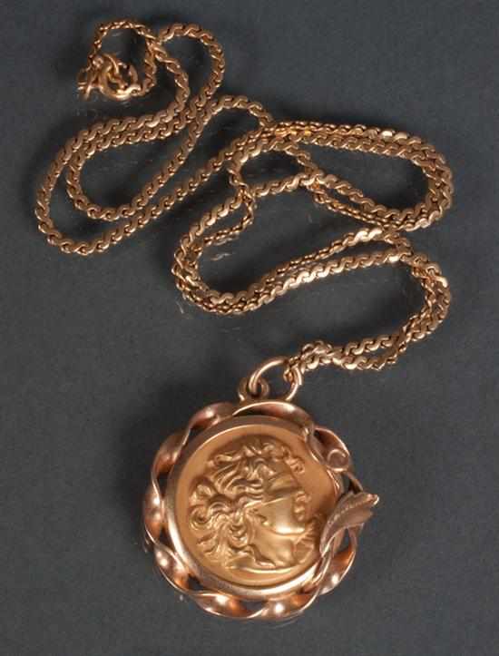 Appraisal: K gold and Greek coin pendant-necklace approximately grams total Estimate