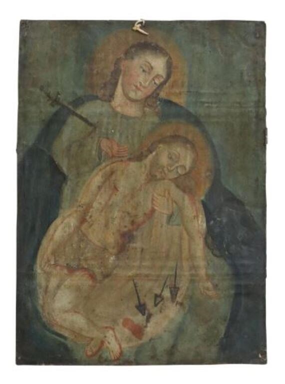 Appraisal: Unframed oil on tin retablo La Piedad Pieta th c