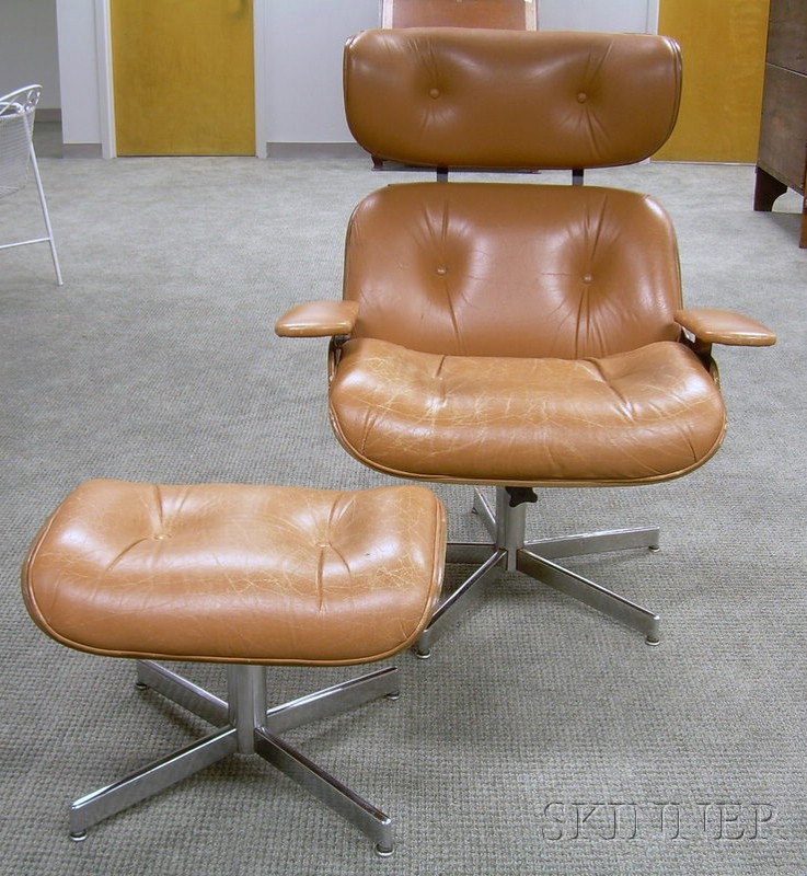 Appraisal: Eames-style Beige Leather Upholstered Walnut Veneer Lounge Chair and Ottoman