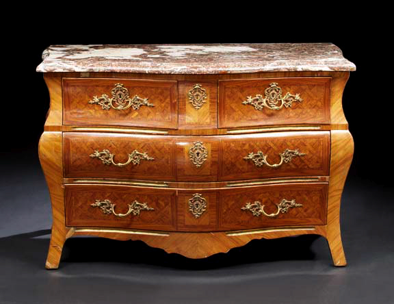 Appraisal: Scandinavian Gilt-Brass-Mounted Tulipwood Marquetry and Marble-Top Commode of bombe form