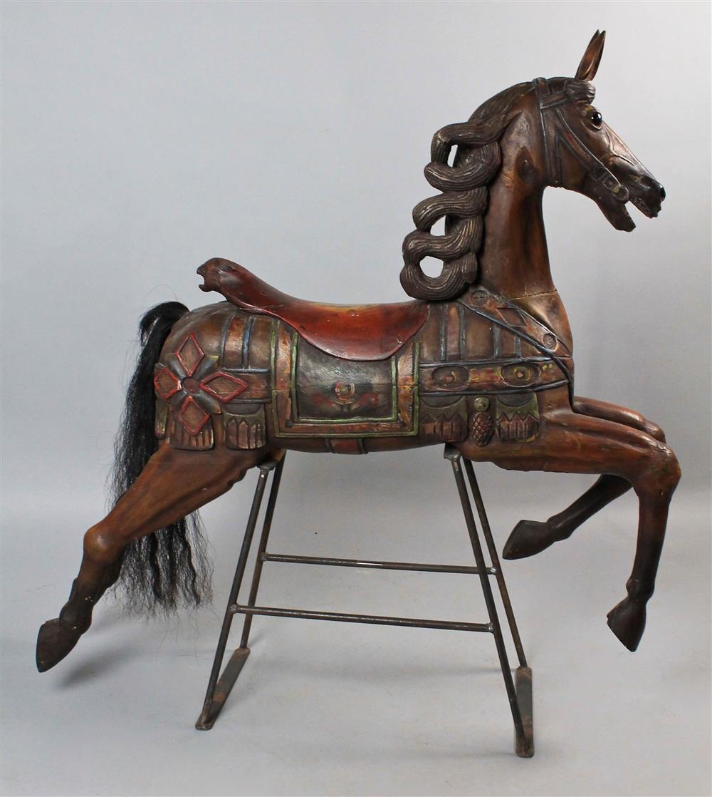 Appraisal: POLYCHROME CAROUSEL HORSE ON STAND carved wood horse and saddle