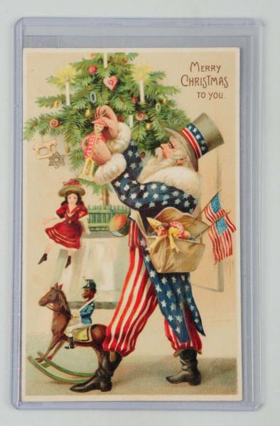 Appraisal: Uncle Sam Santa Embossed Postcard Lot of one stands right