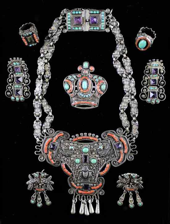 Appraisal: A suite of Mexican coral turquoise and amethyst set silver