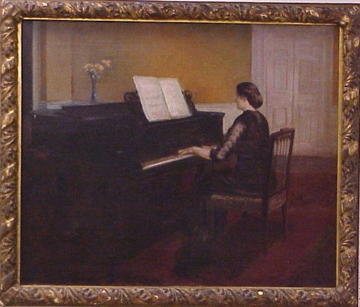 Appraisal: Usigned oil on canvas woman at a piano one tear