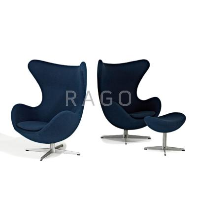 Appraisal: ARNE JACOBSEN FRITZ HANSEN Two Egg chairs one ottoman Denmark