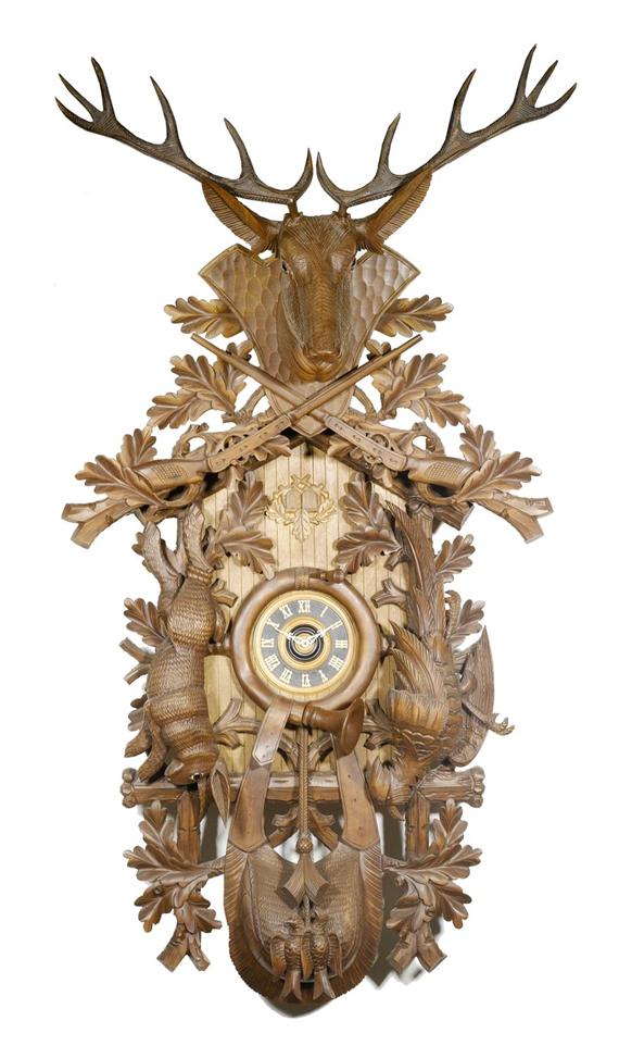 Appraisal: LARGE CUCKOO CLOCK Black Forest th cent Carved walnut Anchor