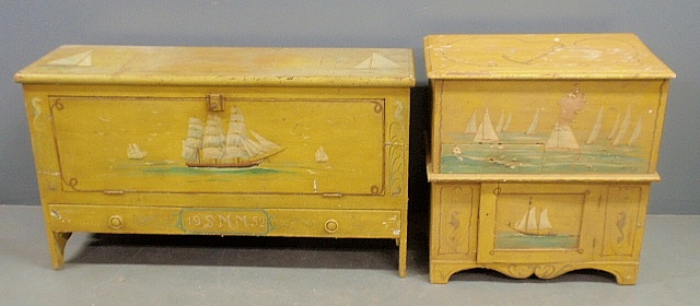 Appraisal: - Yellow storage chest with sailboat decoration made by Peter