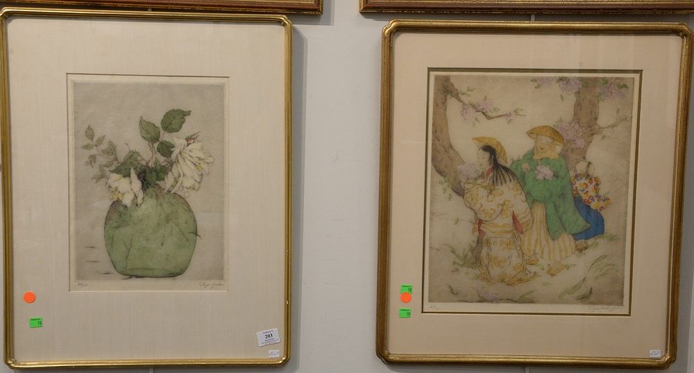 Appraisal: Pair of Elyse Ashe Lord - etchings hand-colored in watercolor