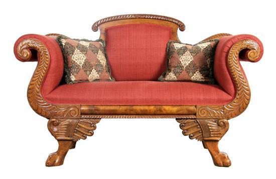 Appraisal: Mahogany Empire Style Settee having carved wood top rail above