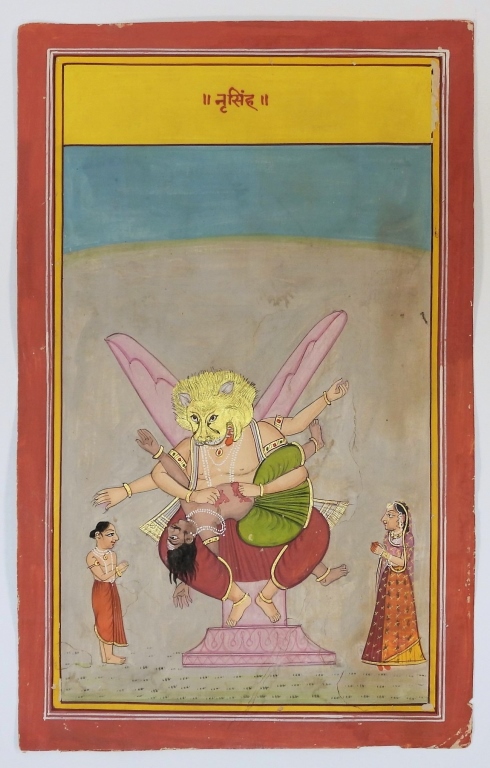 Appraisal: INDIAN BUNDI KOTA SCHOOL MINIATURE PAINTING India th CenturyDepicts Vishnu's