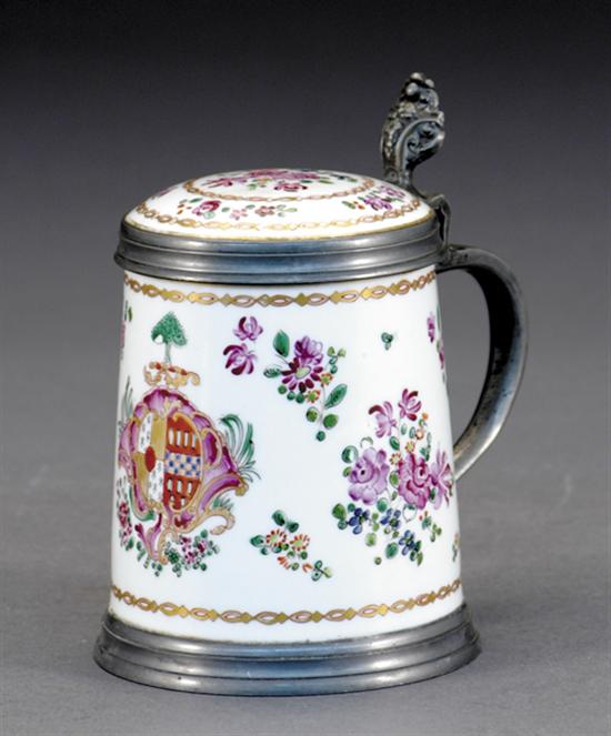 Appraisal: Samson armorial porcelain tankard circa decorated with flowers with metal