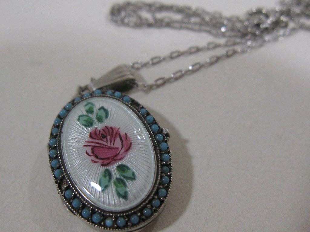 Appraisal: Silver enamel and turquoise set photo locket