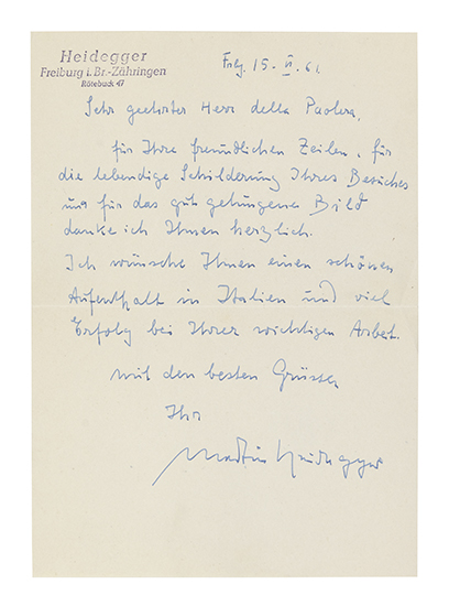 Appraisal: HEIDEGGER MARTIN Brief Autograph Letter Signed to Mr Della Paolera