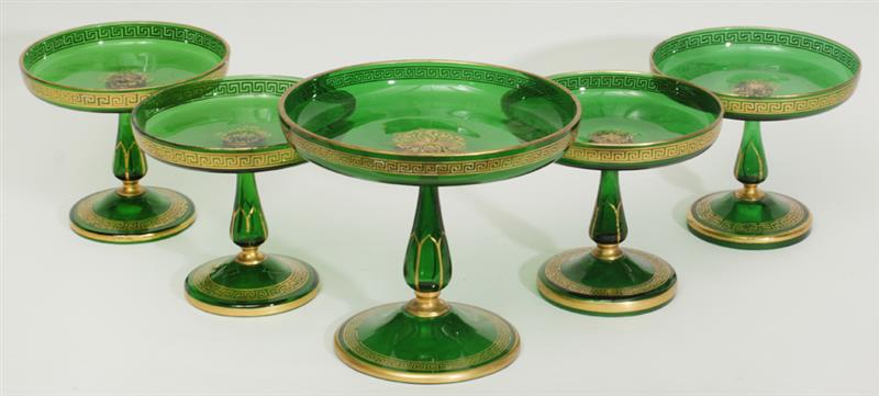 Appraisal: Group of Five Bohemian Emerald Green and Parcel-Gilt Glass Tazze