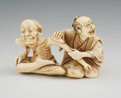 Appraisal: A Carved Ivory Figural of A Monk Receiving a Bath