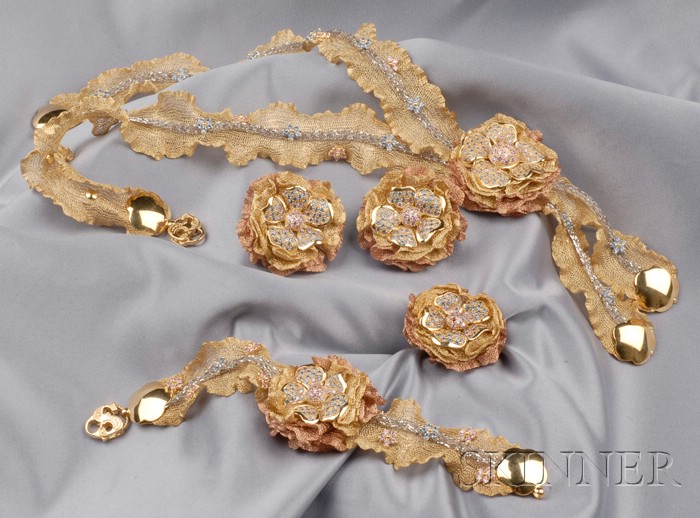 Appraisal: kt Bicolor Gold Gem-set Suite Sidra comprising a gold mesh