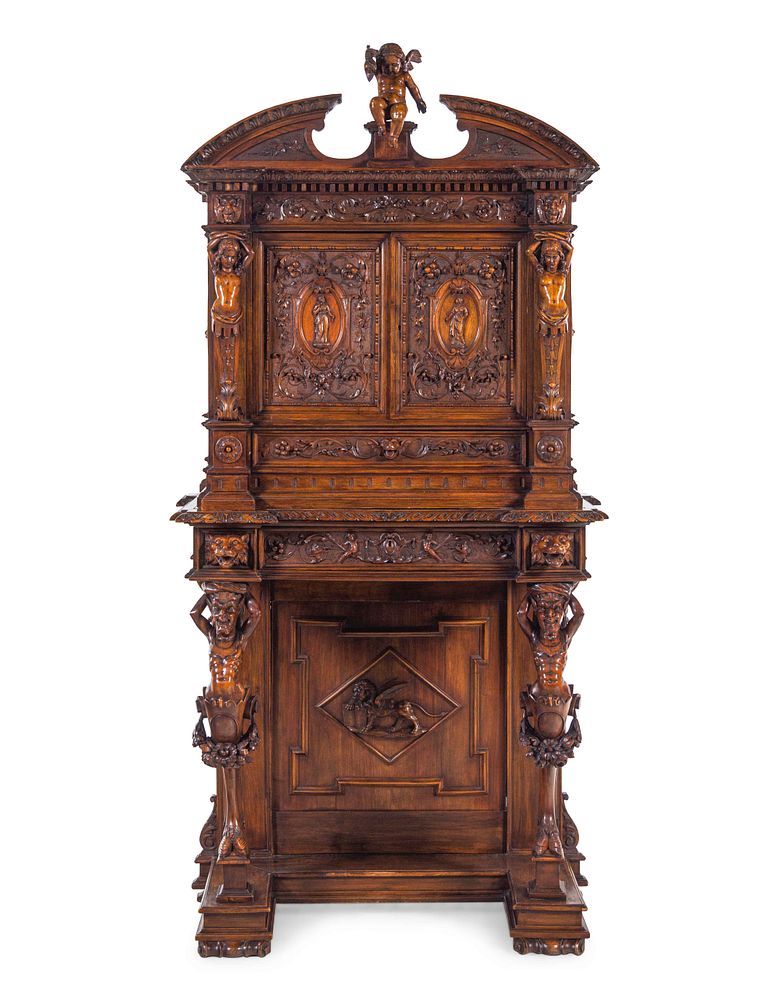 Appraisal: A Renaissance Revival Carved Walnut Cabinet on Stand A Renaissance