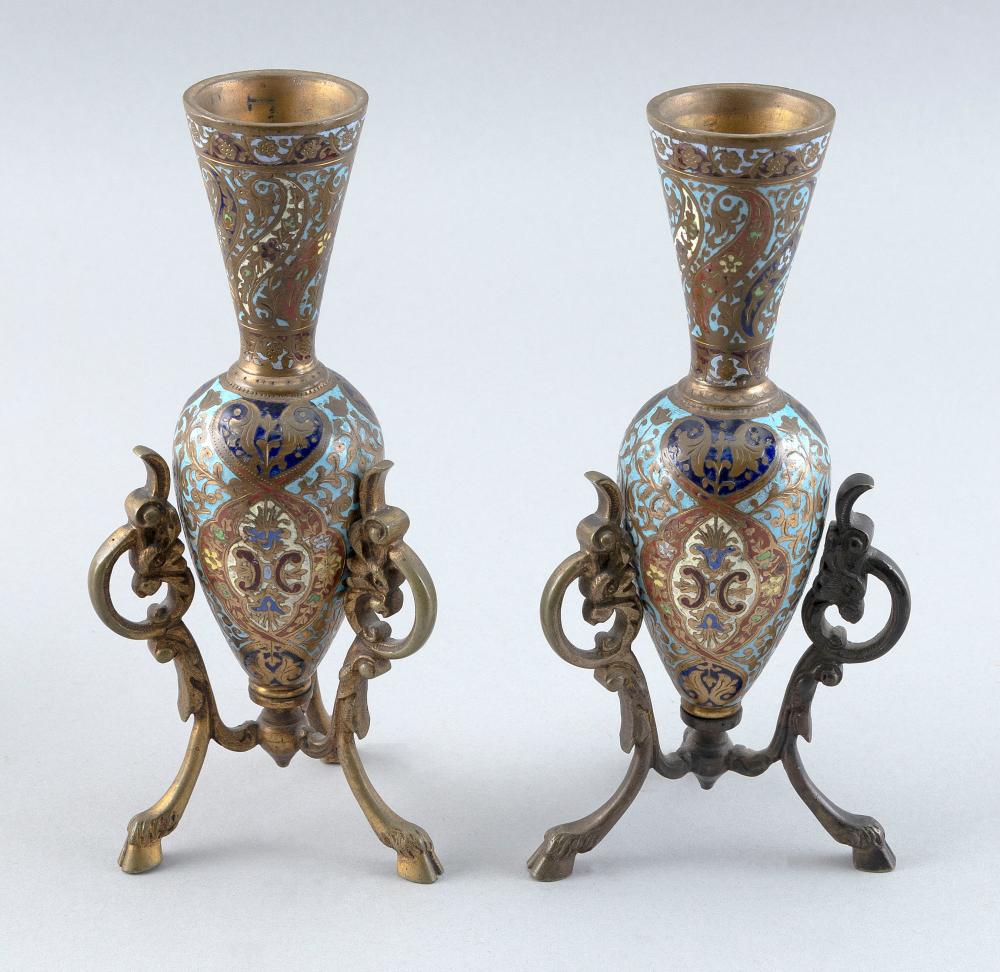 Appraisal: PAIR OF FRENCH CLOISONN ENAMEL AND BRASS AMPHORA VASES TH