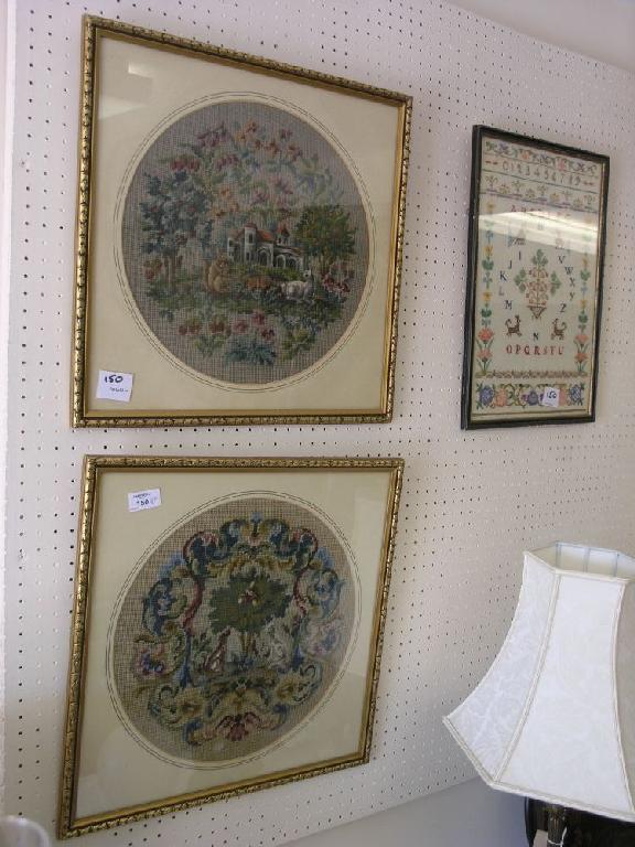 Appraisal: A pair of petit-point needlework pictures circular shape within square