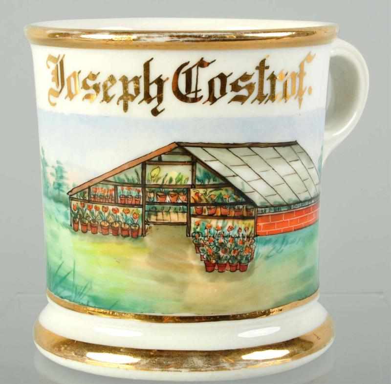 Appraisal: Large Greenhouse with Many Flowers Shaving Mug Description Gilt name