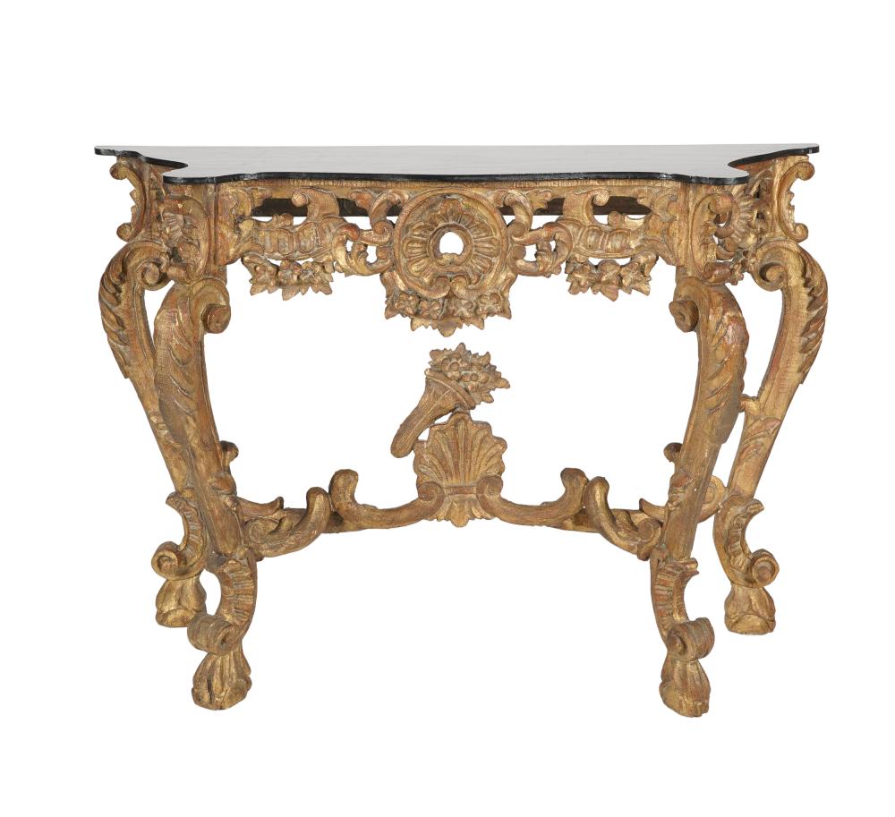 Appraisal: ITALIAN ROCOCO-STYLE GILTWOOD CONSOLEwith removable black-painted wood top inches wide