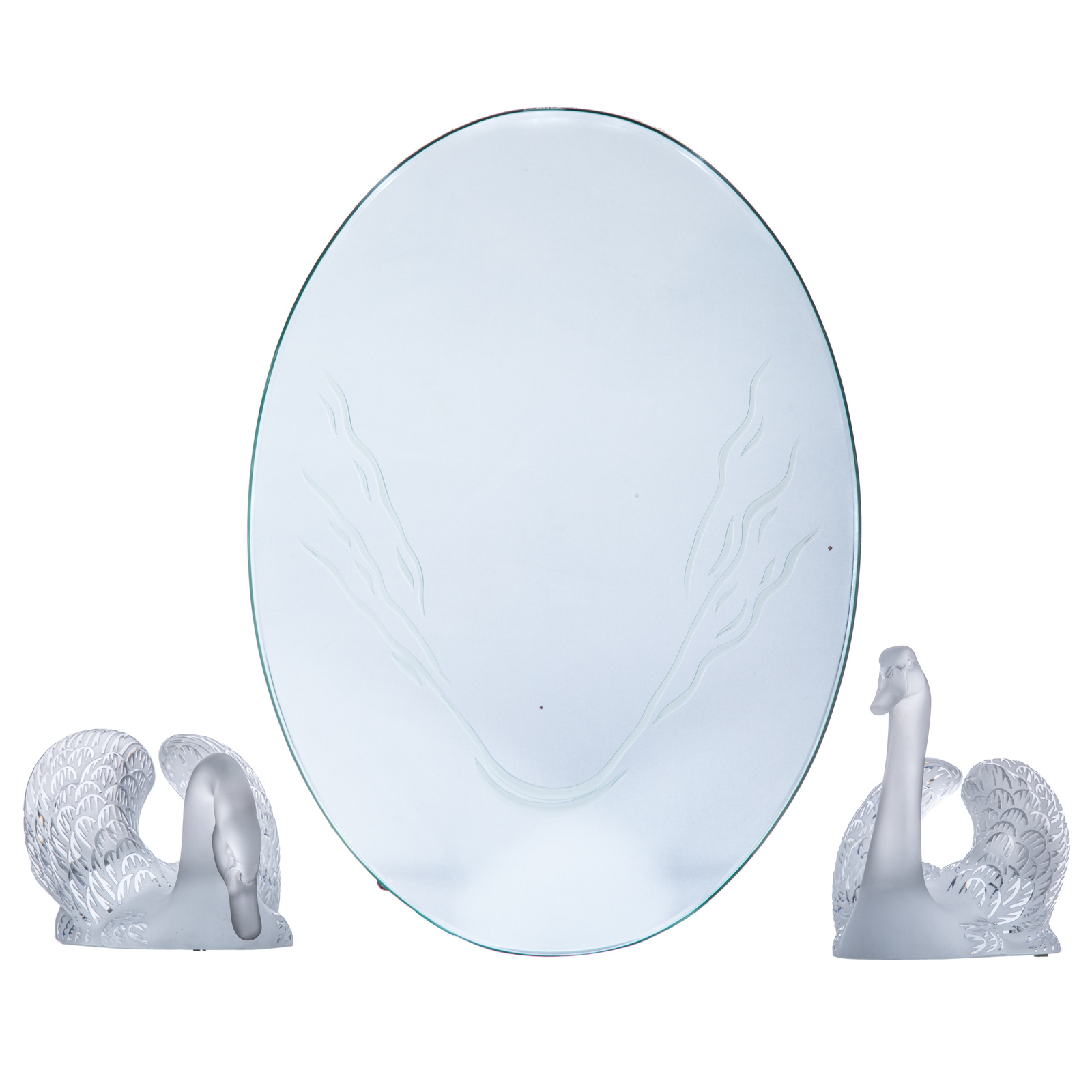 Appraisal: A PAIR OF LARGE LALIQUE CRYSTAL SWANS MIRRORED PLATEAU Large