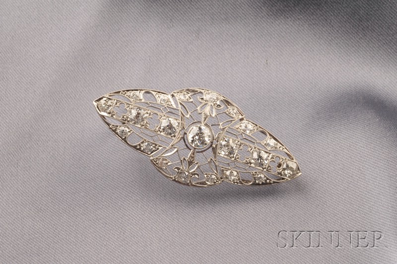 Appraisal: Art Deco Platinum and Diamond Brooch of navette form set