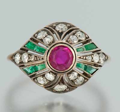 Appraisal: A Ladies' Ruby Diamond and Emerald Ring Yellow gold and