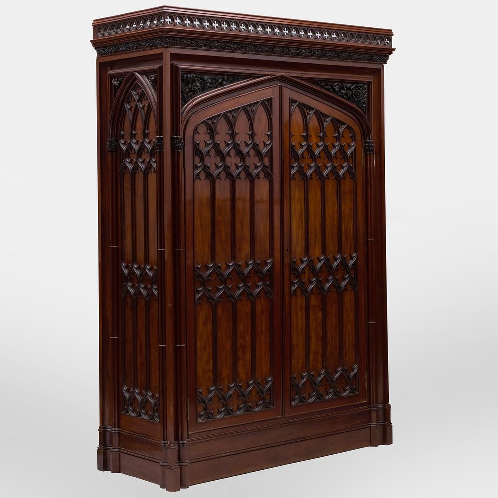 Appraisal: Fine English Neo-Gothic Carved Mahogany Armoire ft in x ft