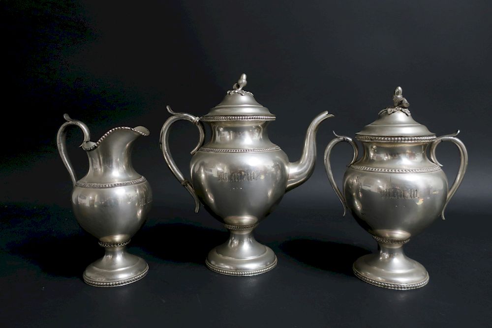 Appraisal: Pc American Coin Silver Tea Set by Boston Coin Monogrammed