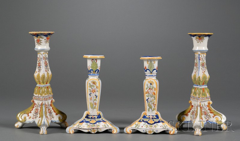 Appraisal: Two Pairs of French Faience Candlesticks France th century each