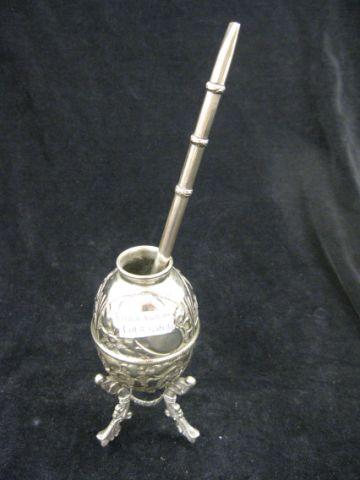 Appraisal: Argentina Silver Juice Cup and Straw gourd form tri-footed with